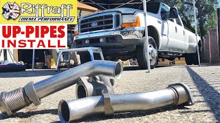 2001 F350 73  RiffRaff UpPipes Install  Stock up pipes leaking and falling apart JUNK SP [upl. by Aifoz]